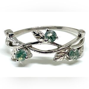 Moss Agate 3 Stone Open Woven Vine with Leaves .925 Sterling Silver Ring Size 10